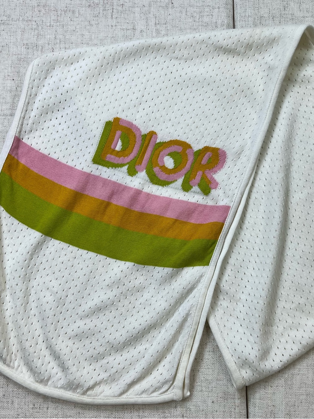 Christian Dior SS 2004 Galliano Perforated Knit Logo Scarf Pink Green Stripe